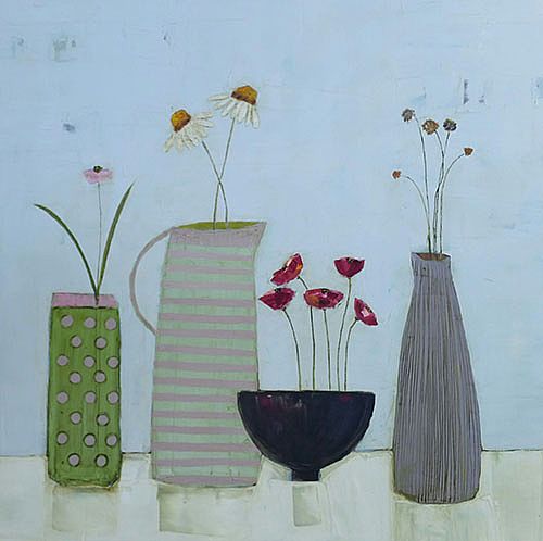 Eithne  Roberts - Daisies, dotty vase and red poppies